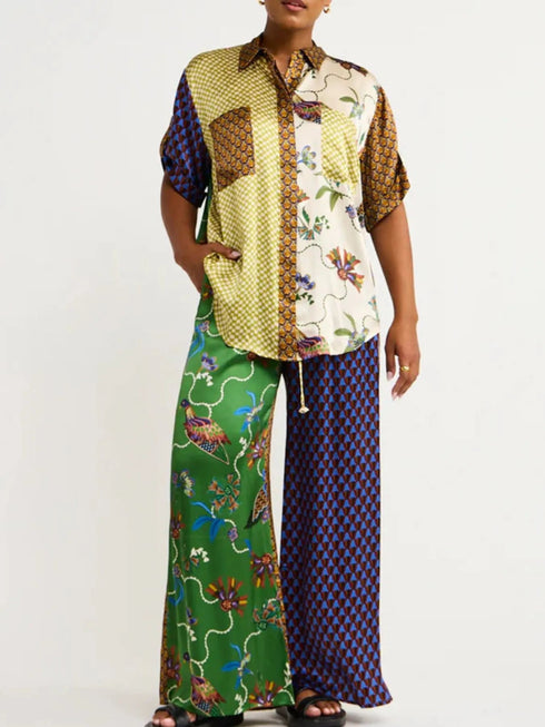 'Qadira' Multicolour Print Button Up Shirt and Pants Set - Celes Fashion